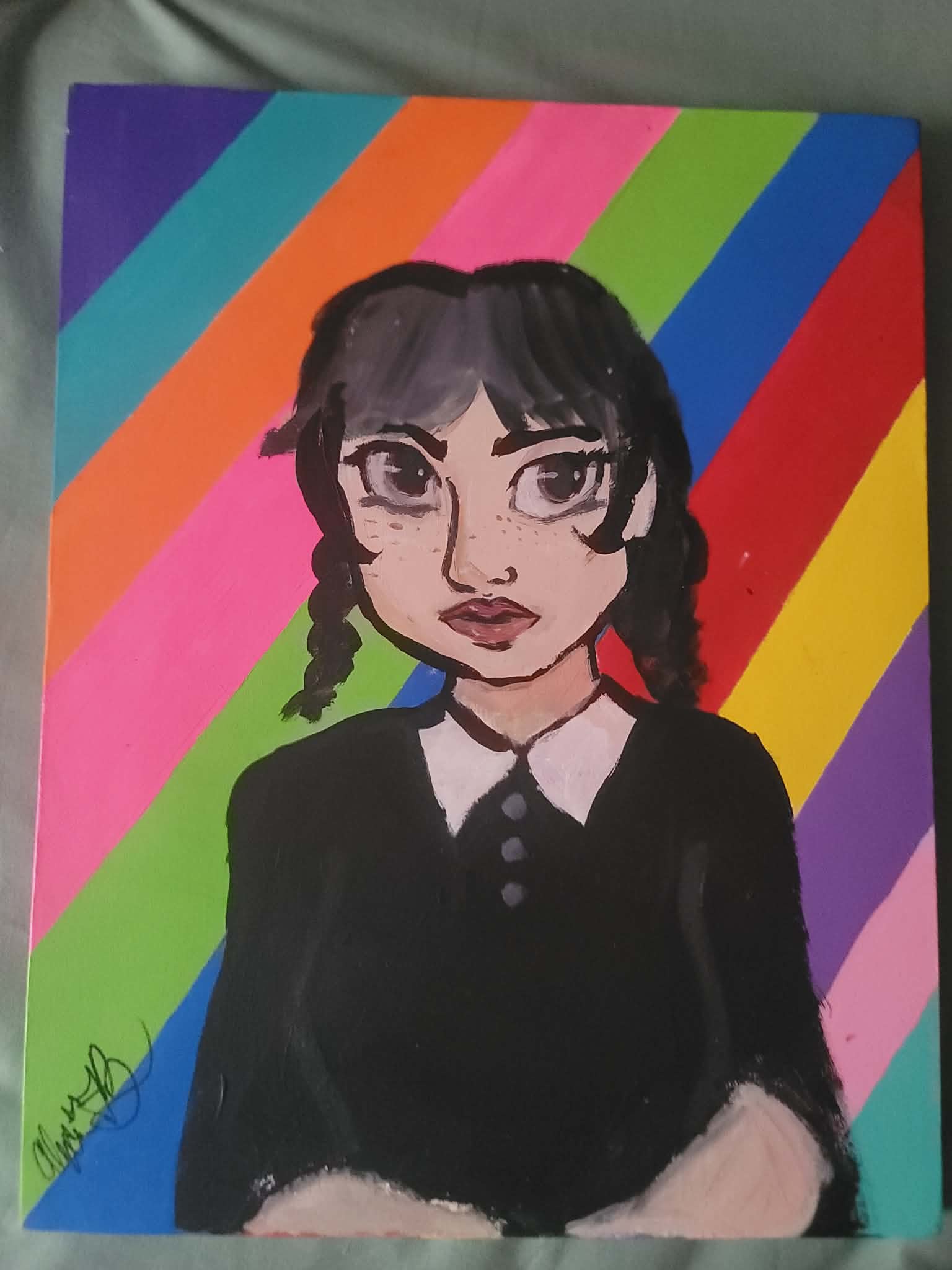 Wednesday Inspired Acrylic and Oil Pastel on Canvas Painting